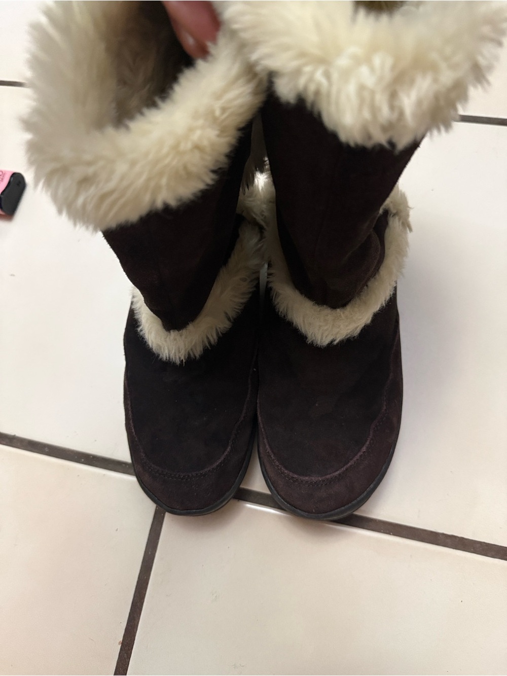 Women’s Dark Brown Suede Faux-Fur Trim Winter Boots
